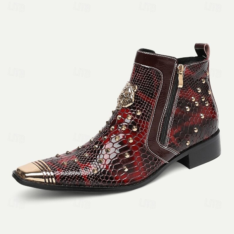 Men's Red Snake Print Genuine Leather Pointed Toe Boots – Exotic Western Cowboy Style for Parties & Festivals2