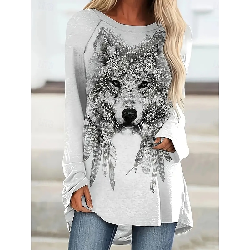 Women's T Shirt Graphic Animal Tribal Vintage Stylish Classic Long Sleeve Crew Neck Round Neck Regular Tops Daily Print Khaki Gray Spring Fall2