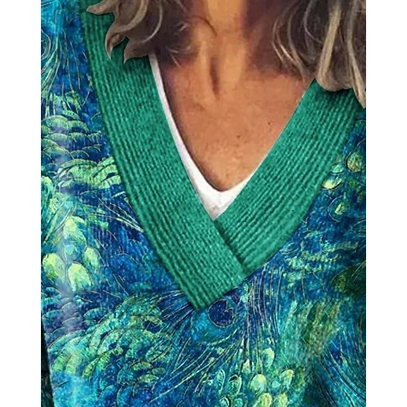 Women's Sweater Fashion Color Block Ribbed V Neck Knitted Long Sleeve Regular Tops Knit Holiday Going out Weekend Green Winter2