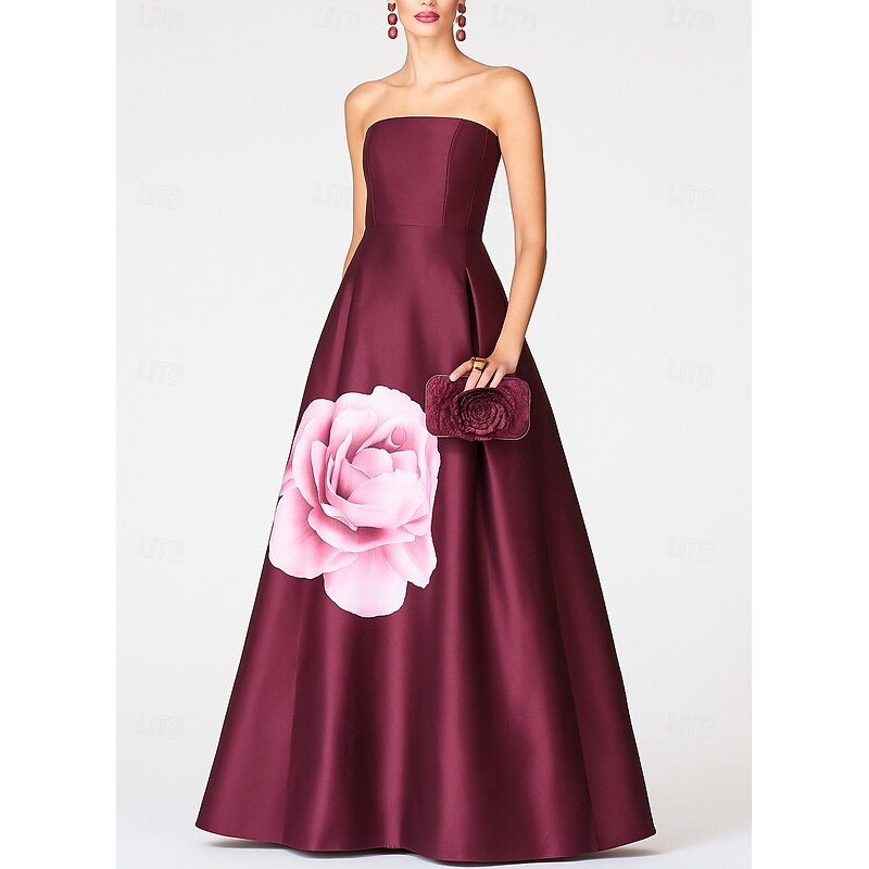 Red Black A-Line Evening Gown Elegant Dress Formal Wedding Floor Length Short Sleeve Strapless Pocket Satin with Floral Print Shawl 20252