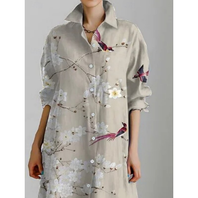 Women's Midi Dress Shirt Dress Casual Dress Fashion Modern Daily Holiday Weekend Regular Fit Floral 3/4 Length Sleeve Shirt Collar Pink Khaki Summer Spring Fall2