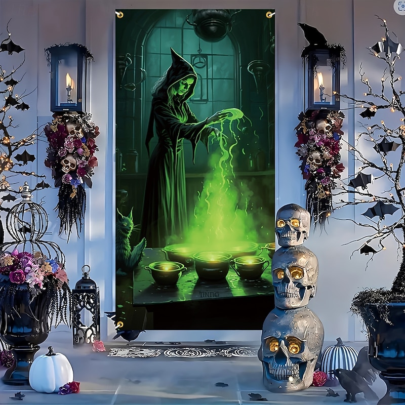 Halloween Door Decorations Halloween Door Covers Skeleton Witch Pumpkin Bat Door Tapestry Door Curtain Decoration Backdrop Door Banner for Front Door Farmhouse Holiday Party Indoor Outdoor Decor Supplies2
