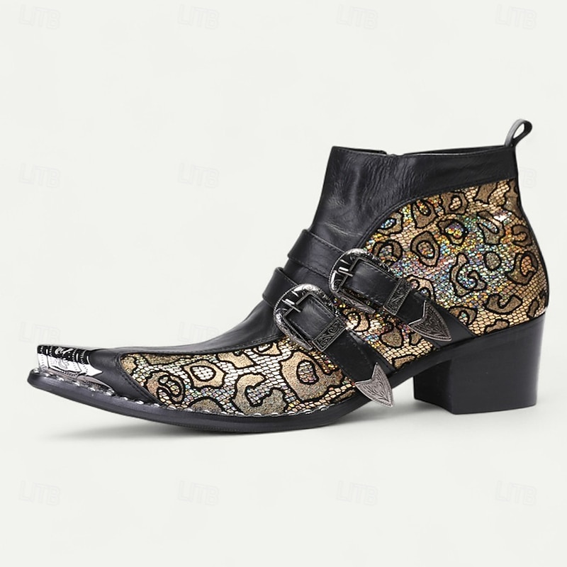 Men's Black and Gold Jacquard Buckle Boots – Vintage Gothic Faux Leather Ankle Shoes for Party, Concerts and Fashion Outfits3