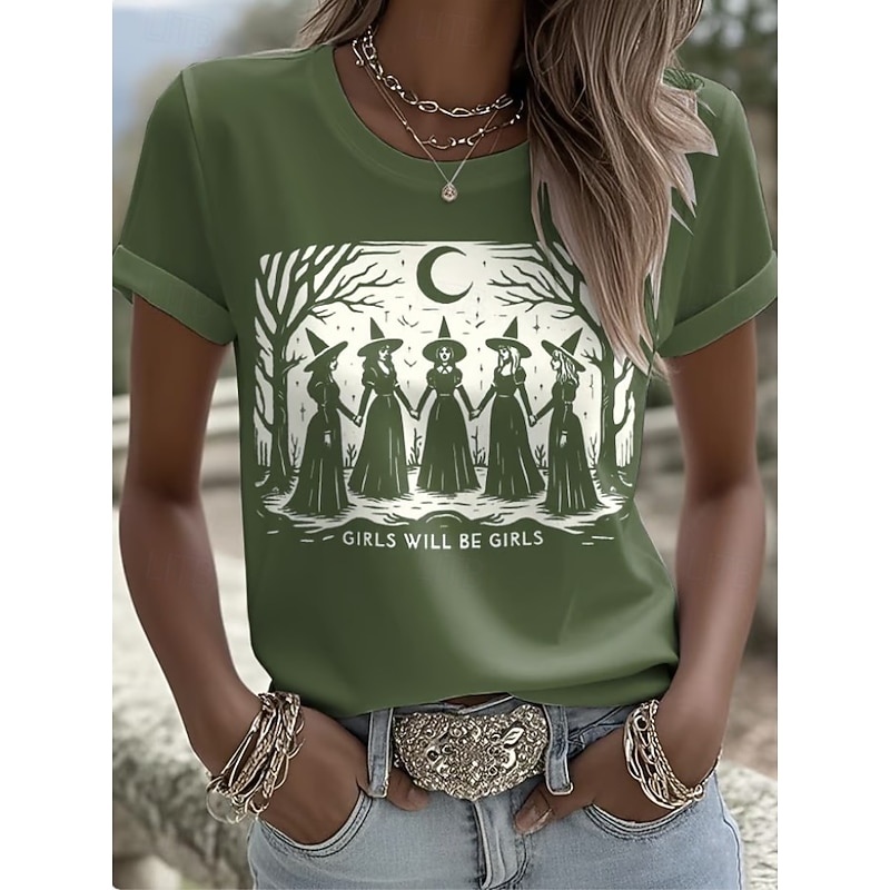 Halloween Women's T shirt Witch Graphic Vintage Stylish Classic Short Sleeve Crew Neck Round Neck Regular Tops Daily Weekend Print Black Orange Green Fall Winter3