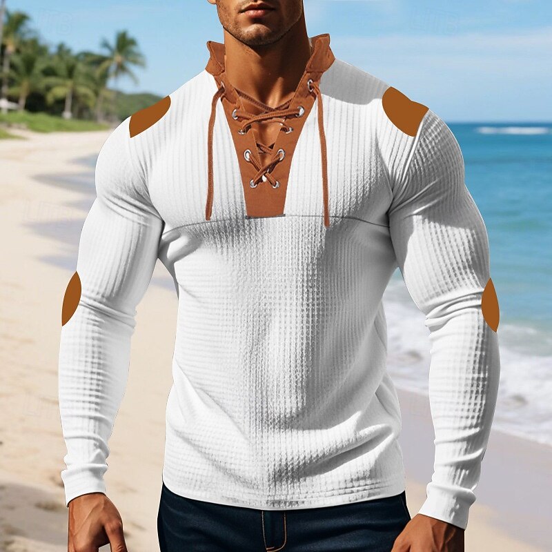Men's T Shirt Tee Waffle Knit Tee Tee Top Long Sleeve V Neck Spring Fall Color Block Fashion Designer Basic Lace up Vacation Street Going out Apricot Black White Top Tee for Men3