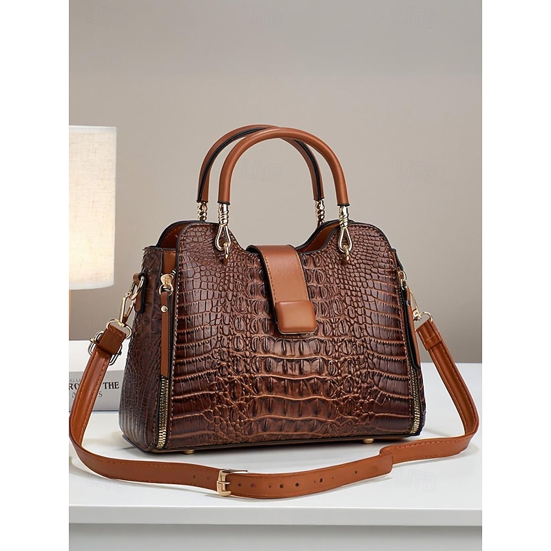 Women's Croc-Embossed Top-Handle Satchel – Structured Medium Tote Handbag with Detachable Crossbody Strap, Zip Accents & Gold Hardware for Work, Office, Travel & Everyday
