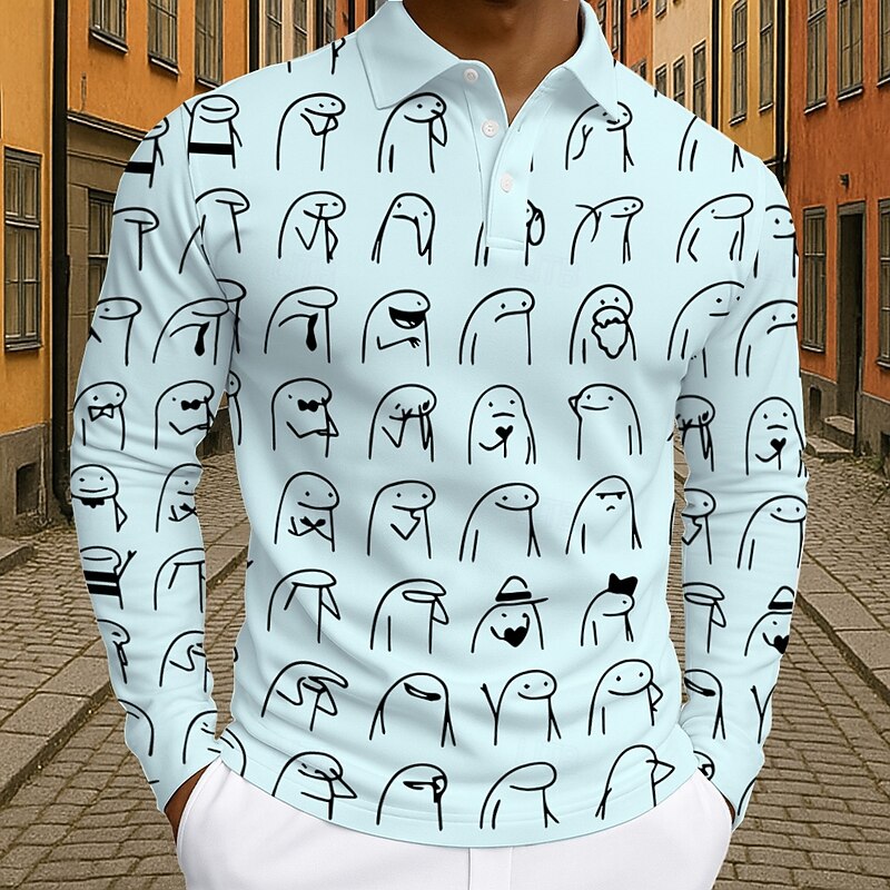 Mens Long Sleeve Polo Shirt Funny Flork Meme Graphic, Casual Lifestyle Wear4