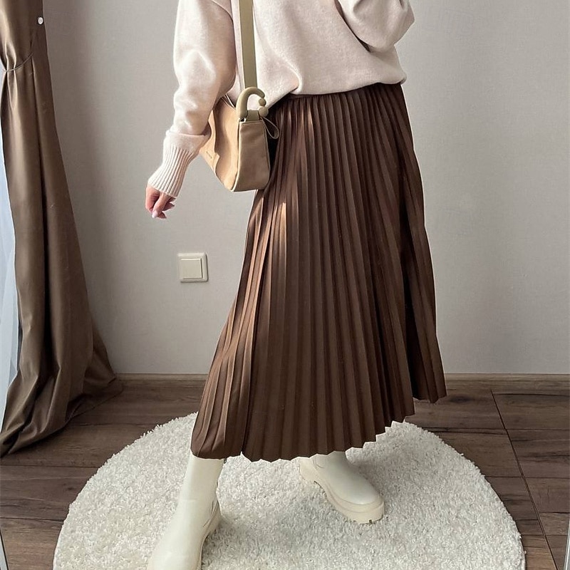 Women's Skirt Swing Fashion Casual Maxi Mid Rise Skirts Plain Pleated Micro-elastic Vacation Street Black Ivory Light Green Pink Spring Polyester