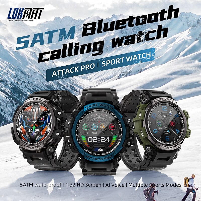 LOKMAT ATTACK PRO Smart Watch 1.32 inch Smartwatch Fitness Running Watch Bluetooth Pedometer Call Reminder Sleep Tracker Compatible with Android iOS Women Men Long Standby Hands-Free Calls Waterproof