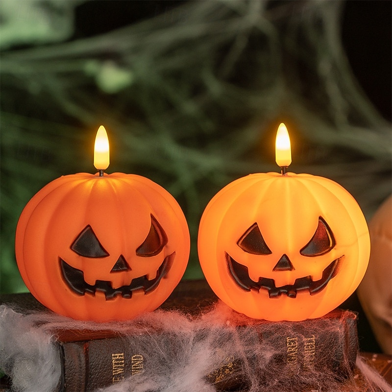 1 Pc 9.5 * 7.6CM Halloween Smiling Pumpkin LED Electronic Candle Light Indoor Outdoor Restaurant Bedroom Party Festival Atmosphere Decorative Light Ornament Light Small Night Light LR44 * 3 Battery2
