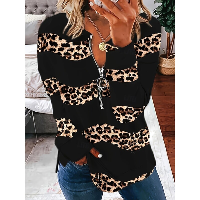 Women's Tunic Graphic Animal Leopard Vintage Fashion Stylish Long Sleeve Crew Neck Regular Tops Daily Zipper Print Brown Spring Fall Winter