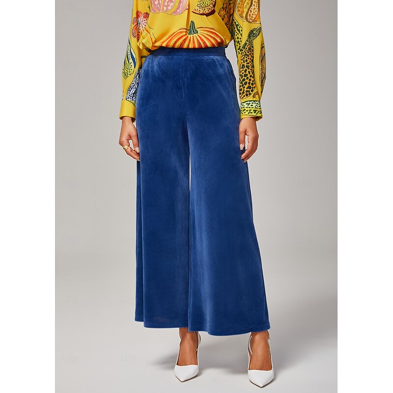 Women's Wide Leg Trousers Casual High Stretch Corduroy Ribbed Texture Elastic Waistband Blue Elastane