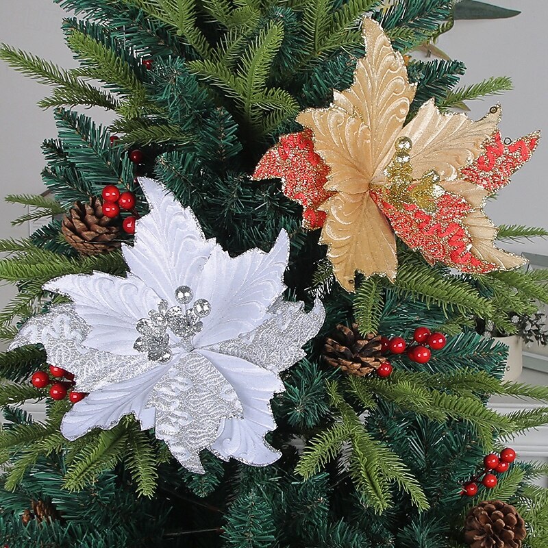 1pc Christmas Poinsettia Artificial Flower, 3-Layer Gold Glitter 3D Faux Floral, New Hong Kong Style Christmas Tree Hanging Ornament4