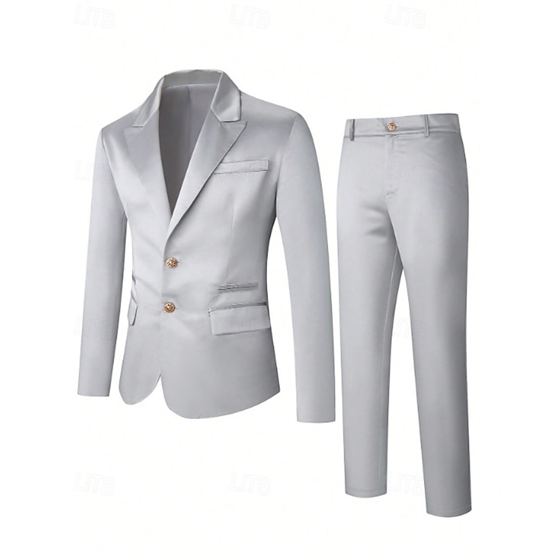 Men's Blazer Set Business Cocktail Party Wedding Party 2 Piece Fashion Casual Spring Fall Polyester Plain Pocket Buttons Comfortable Single Breasted Blazer Silver2