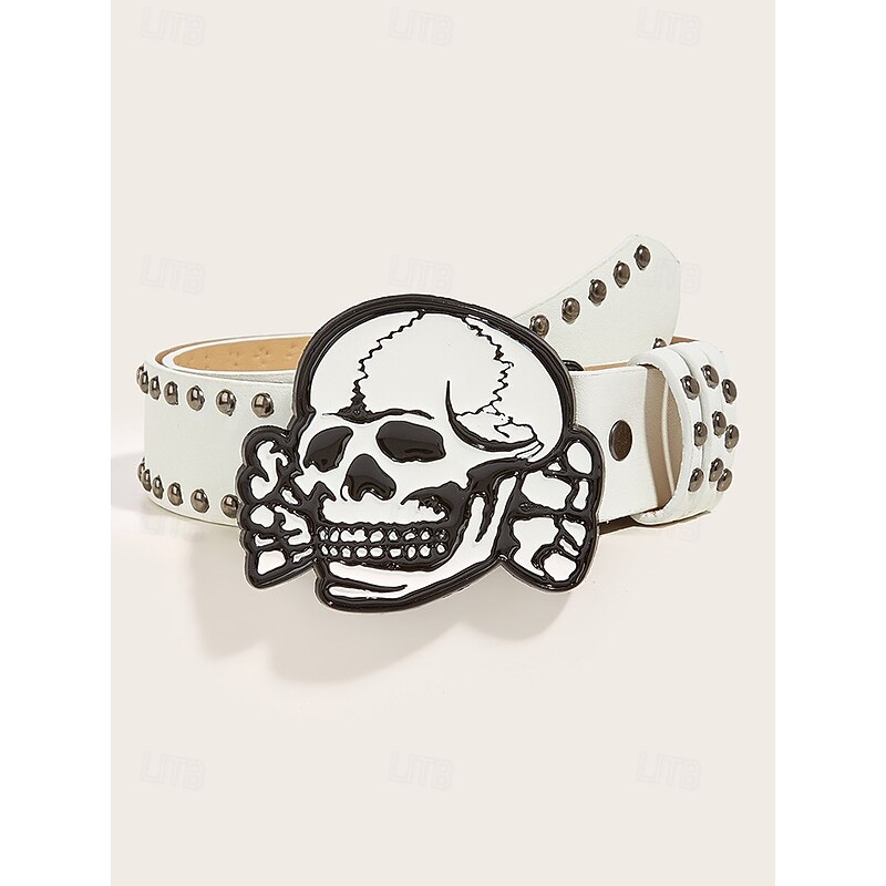 Women's Halloween Skull Belt – Punk Rock Faux Leather Waist Belt with Studded Design and Skeleton Buckle for Costume Party and Gothic Outfits4