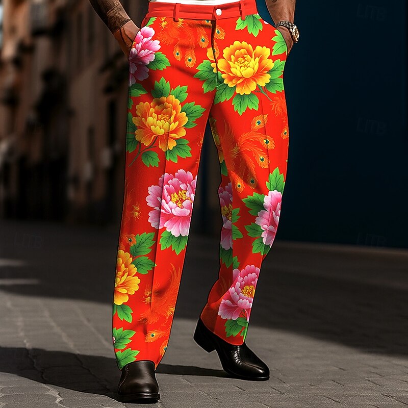 Men's Floral Print Flowers Dress Pants Trousers Suit Pants Mid Waist Casual Casual Holiday Relaxed Fit Flat Front Dress Pants with Side Pockets Spring Fall 3D Print White Red