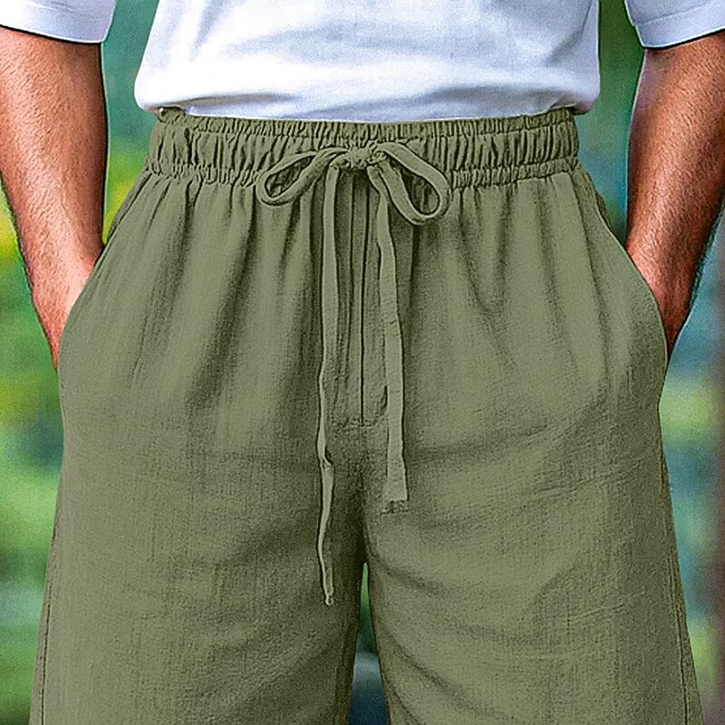 Men's Linen Pants Trousers Summer Pants Beach Pants Drawstring Elastic Waist Pleats Plain Comfort Breathable Full Length Outdoor Casual Daily Vacation Fashion Black White Inelastic2