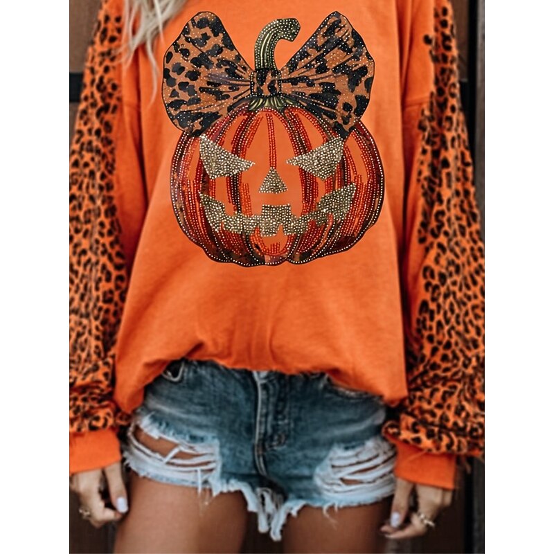 Halloween Women's T Shirt Pumpkin Graphic Letter Vintage Fashion Stylish Long Sleeve Crew Neck Round Neck Regular Tops Daily Weekend Print Orange Fall Winter I Am Cold Always3