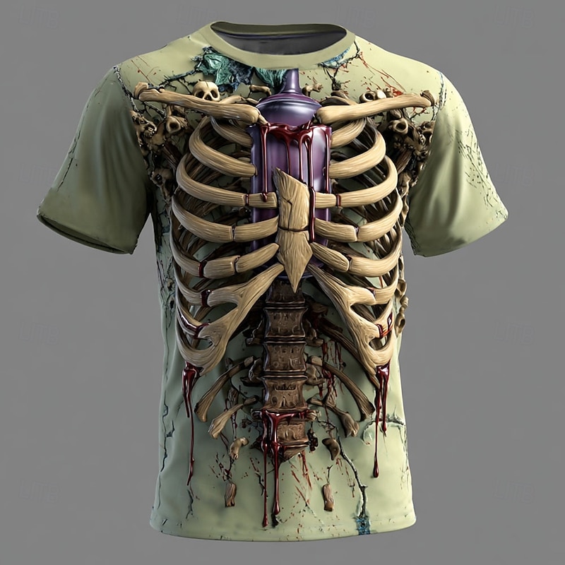 Halloween Men's Optical Illusion 3D Skeleton T Shirt Short Sleeve T shirt 3D Print Crew Neck Shirt Exaggerated Designer Horror Party Street Holiday Red Blue Green Summer Spring All Seasons Clothing