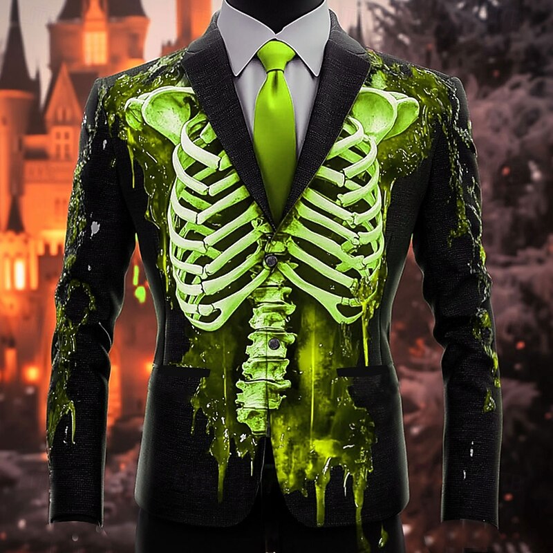 Men's Skeleton Blazer Jacket Casual Dark Festival 3D Print Spring Fall Winter Notch Long Sleeve Red Orange Green3