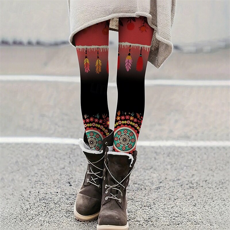 Women's Pants Trousers Leggings Cozy Leggings Casual Boho Full Length High Waist Feather Elastic Waist Print Breathability Comfortable Stretchy Vacation Street Daily Wear Wine Yellow Red Green Summer