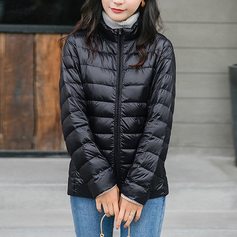 Women's Down Jacket Puffer Jacket Warm Comfortable Zipper Pocket Fashion Modern Casual Plain Going out Weekend Zipper Regular Stand Collar Regular Fit Long Sleeve Outerwear Black Pink Wine Winter