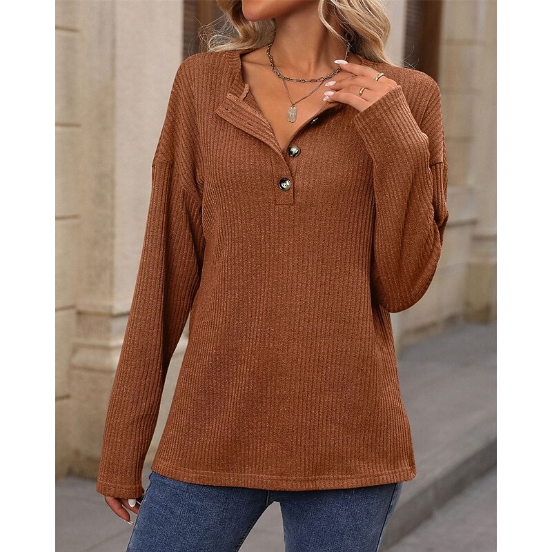 Women's Sweater Pullover Daily Stylish Casual Solid Color Ribbed V Neck Buttons Knitted Long Sleeve Regular Tops Knit Daily Holiday Going out Black Pink Fall Winter2