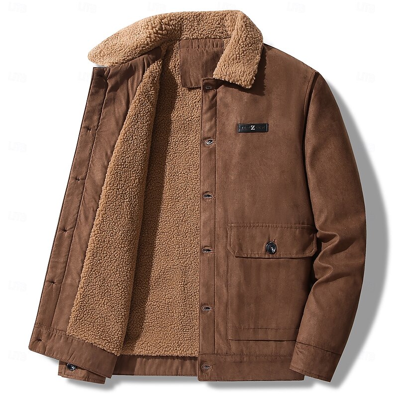 Men's Faux Suede Jacket Windbreaker Brown Suede Jacket Casual Casual Daily Windbreaker Pocket Fleece Collar Winter Spring &  Fall Solid Color Vintage Fashion Shirt Collar Regular Black Brown Grey4
