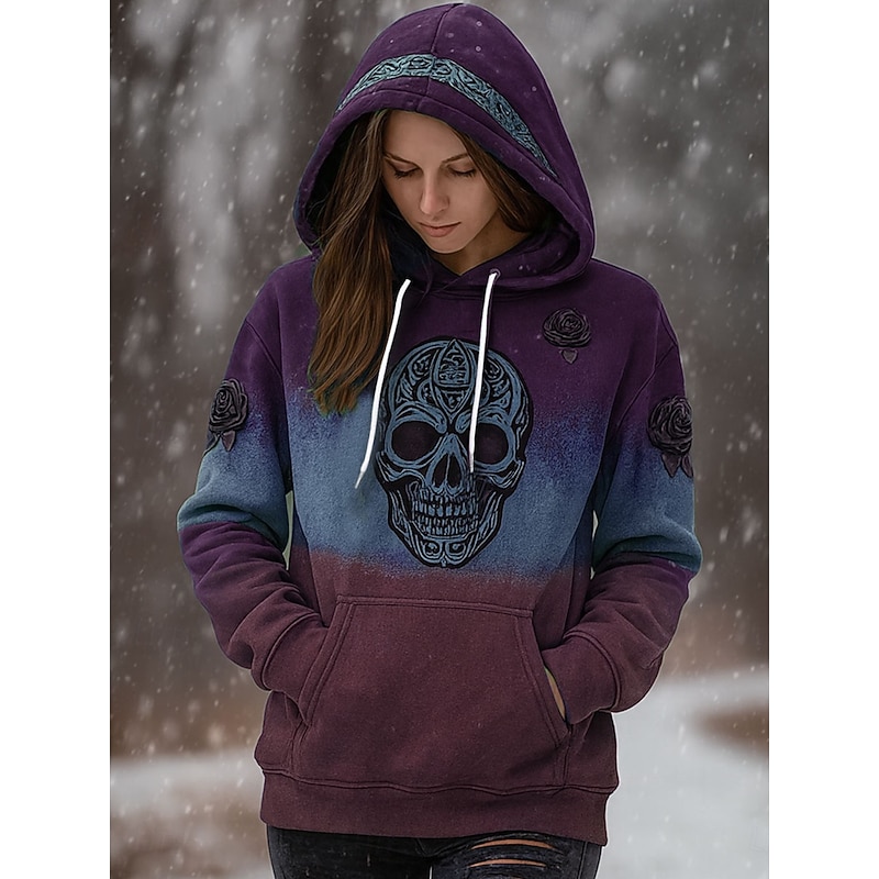 Halloween Women's Pullover Hoodie Sweatshirt Skulls Graphic Casual Long Sleeve Hooded Regular Tops Party Evening Wear Street Dailywear Blue Purple Brown Green Gray Spring Fall Winter3