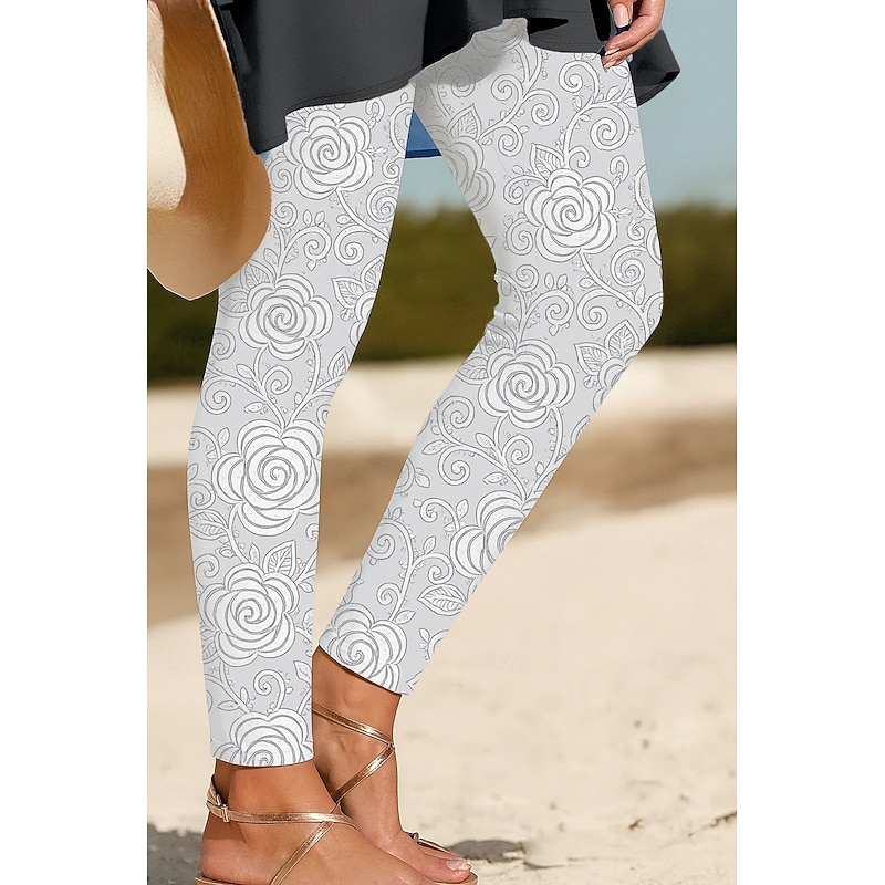 Women's Leggings Vacation Vintage Ethnic Style Ankle-Length High Waist Floral Graphic 3D Print Quick Dry Breathability Soft Stretchy Outdoor Home Causal Black White Blue Spring Fall Skinny3