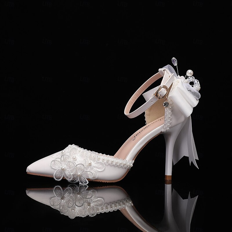 Women's Wedding Shoes White Shoes Dress Shoes Wedding Party Floral Wedding Heels Bridal Shoes Bridesmaid Shoes Bowknot Buckle Flower Stiletto Pointed Toe Fashion PU Buckle White4
