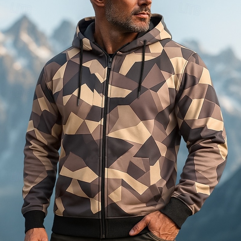 Men's Hoodie Full Zip Hoodie Camo Hoodie Blue Green Khaki Hooded Camouflage Patchwork Color Block Sports & Outdoor Casual Daily Streetwear Cool Sportswear Spring &  Fall Clothing Apparel Hoodies
