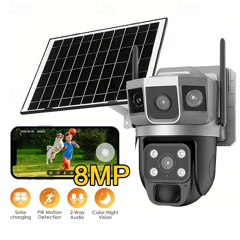 Outdoor Solar-powered Camera With Smart Ai Alerts Wifi Camera With Dual Lenses 360 View Of Home Security System With Human Detection Automatic Tracking Colour Night Vision And Pir Sensor. - Product Details