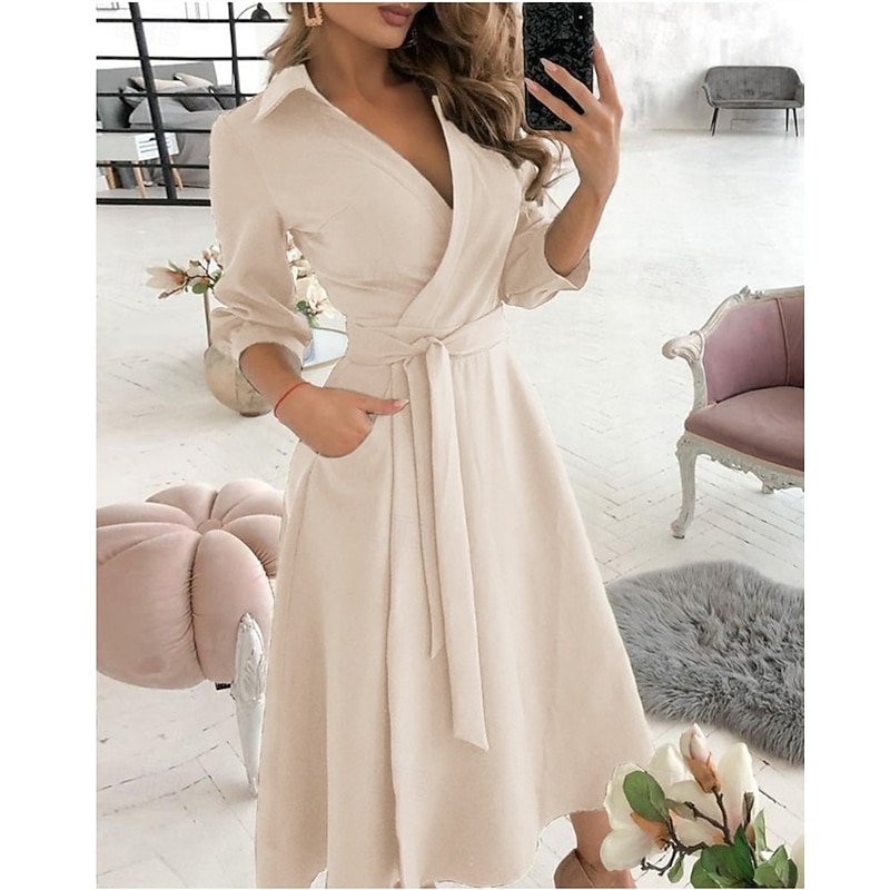 Women's Midi Dress Blazer Dress Sheath Dress Wrap Dress A Line Dress Party Cocktail Semi Formal Vacation Party Wedding Guest Regular Fit Long Sleeve V Neck Black Red Green Apricot Summer Fall Winter