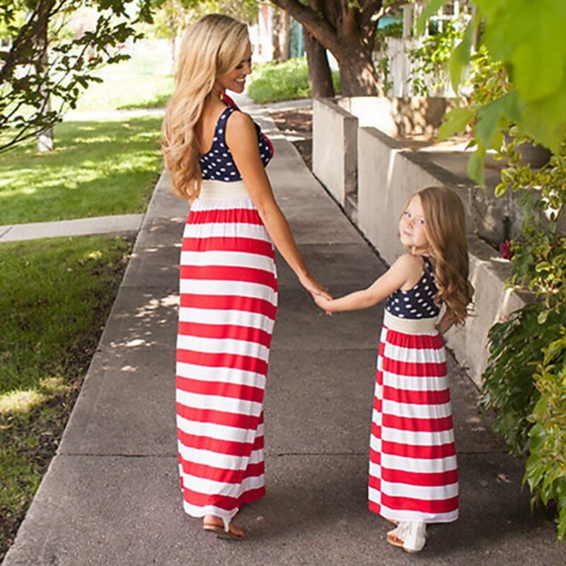 Mommy and Me Dresses Striped Street Patchwork Red Blue Sleeveless Maxi Tank Dress Adorable Matching Outfits2