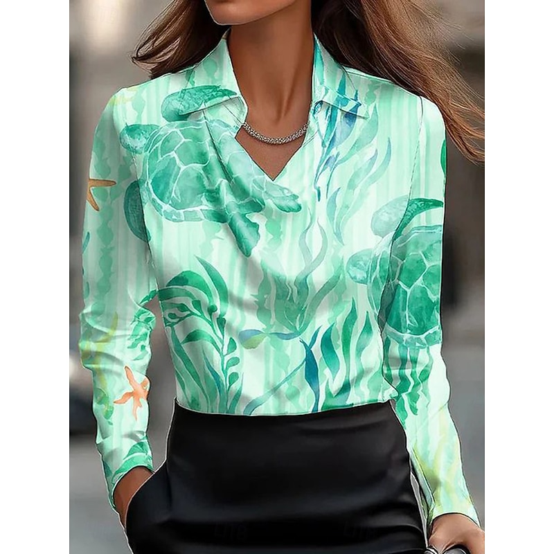 Women's Shirt Floral Graphic Elegant Stylish Casual Long Sleeve Cowl Neck Regular Tops Work Party Evening Wear Daily Ruched Draped Yellow Emerald Green Green Beige Summer Fall3
