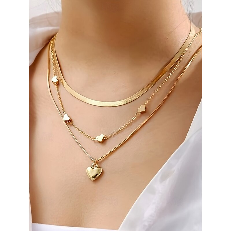 Women's 3-Layer Heart Necklace Set – Gold-Tone Alloy Herringbone Choker & Pendant Chains,, Minimalist Romantic Style for Parties, Date Night, Weddings & Everyday Gifts4