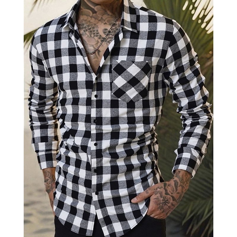 Men's Shirt Summer Shirt Casual Shirt Beach Shirt Button Up Shirt Black Blue Green Long Sleeve Plaid Lapel Vacation Hawaiian Pocket Clothing Apparel Polyester Fashion Casual Comfortable