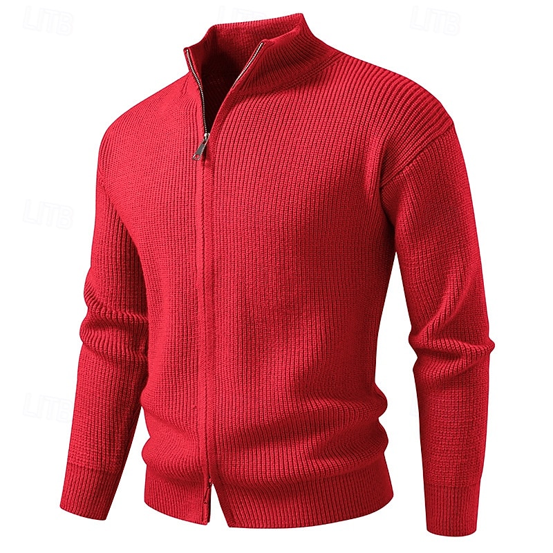 Men's Cardigan Sweater Cropped  Sweater Zip Sweater Knit Sweater Ribbed Knit Regular Tops Plain Stand Collar Fashion Classic Vacation Daily Wear Clothing Apparel Winter Black Red S M L