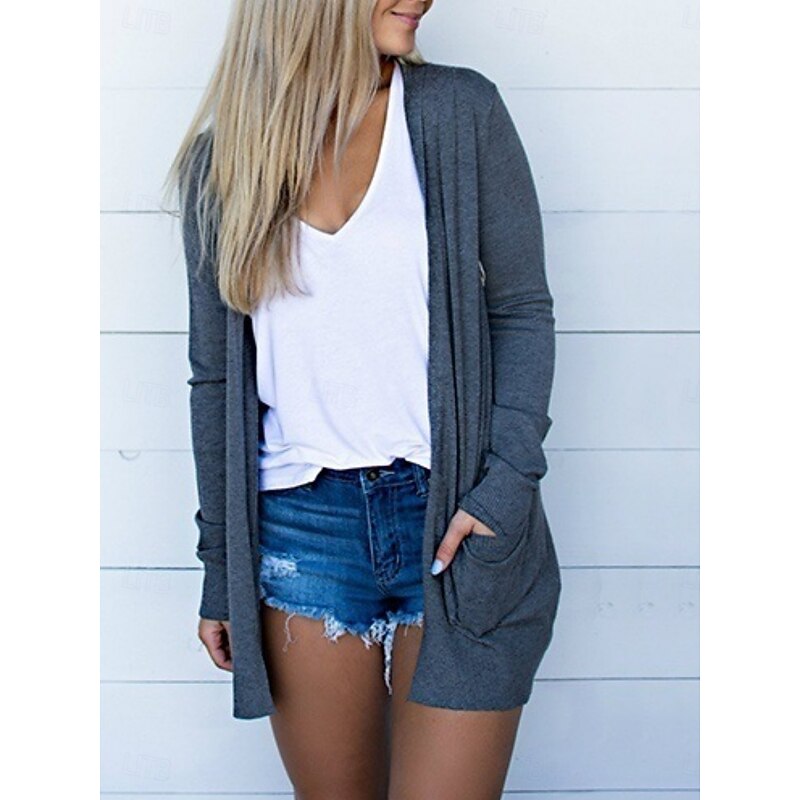 Women's Coat Comfortable Breathable Pocket Fashion Daily Plain Outdoor Casual Daily Open Front Regular Collarless Regular Fit Long Sleeve Outerwear Black Dark Gray Gray Spring Fall3