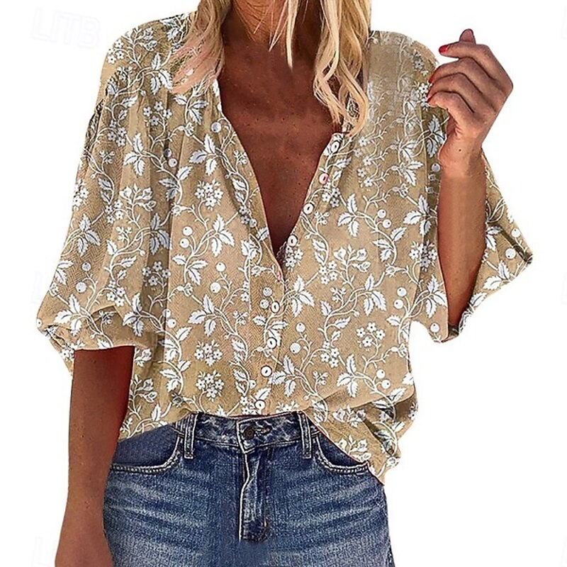 Women's Blouse Floral Graphic Vintage Daily Casual 3/4 Length Sleeve V Neck Regular Tops Daily Holiday Beach Wear Print Pink Blue Purple Green Khaki Spring Fall3