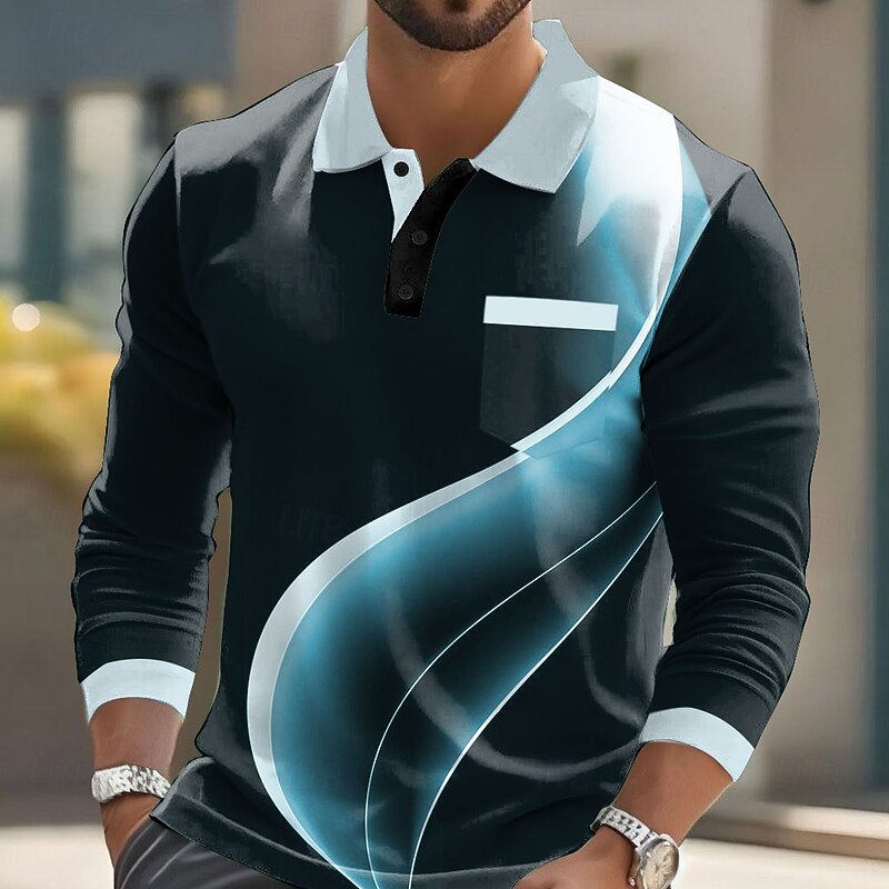 Men's Geometric Line Polo Long Sleeve Polo Shirts Lapel Casual Business Casual Athleisure Daily Wear Pocket 3D Print Buttons Spring Fall Lake blue White Red2