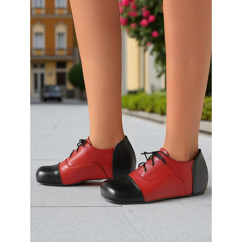 Women's Red and Black Oxford Shoes - Faux Leather Lace-Up Casual Flats, 1950s Vintage Retro Style Dress Shoes for Parties, Stage Performance and Daily Wear2