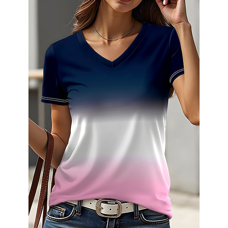 Women's T Shirt Graphic Gradient Vintage Stylish Classic Short Sleeve V Neck Regular Tops Daily Going out Weekend Print Navy Blue Dark Green Summer Spring Fall4