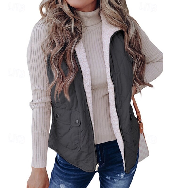 Women's Vest Warm Comfortable Patchwork Zipper Pocket Casual Plain Street Casual Daily Zipper Regular Turndown Regular Fit Sleeveless Outerwear Black Pink Wine Fall Winter3