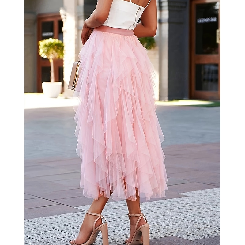 Women's Skirt Gauze Skirts Fashion Casual Midi Mid Rise Skirts Plain Irregular Hem Flowy Micro-elastic Vacation Street Black Pink Spring Polyester2