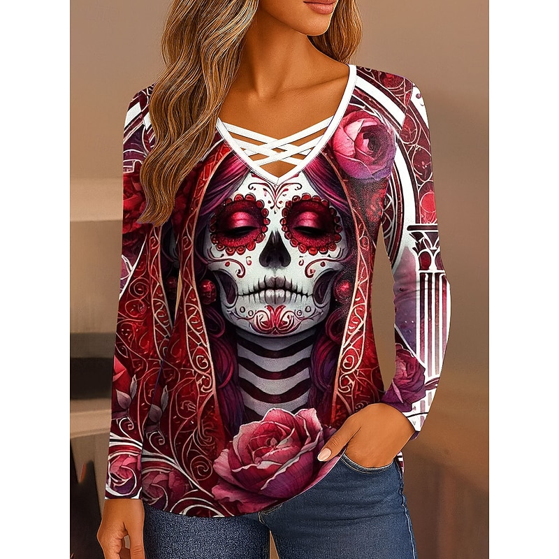 Halloween Women's T Shirt Skulls Graphic Vintage Stylish Classic Long Sleeve V Neck Regular Tops Daily Cut Out Print Red Blue Purple Green Gray Spring Fall