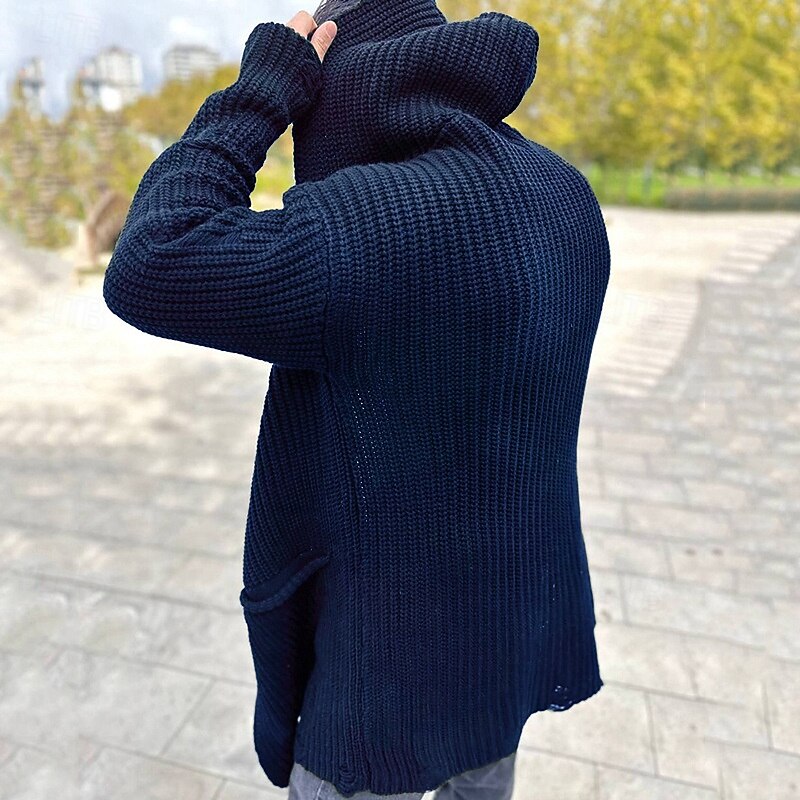 Men's Cardigan Sweater Cropped  Sweater Knit Sweater Ribbed Knit Tunic Pocket Plain Lapel Fashion Classic Vacation Daily Wear Clothing Apparel Fall Winter Black Navy Blue S M L4