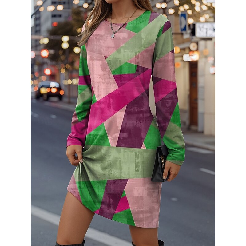 Women's Mini Dress T Shirt Dress Tee Dress Shift Dress Casual Daily Regular Fit Graphic Geometric Long Sleeve Crew Neck Yellow Red Royal Blue Blue Spring Fall Winter4