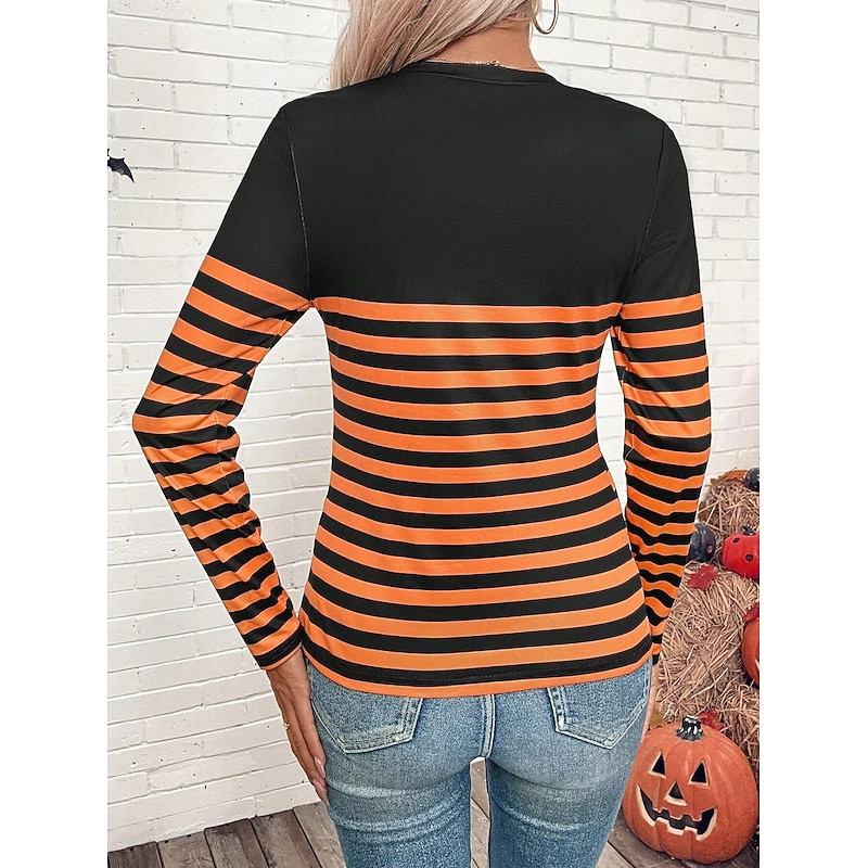 Halloween Women's T shirt Crew Neck Long Sleeve Tunic Graphic Geometric Pumpkin Vintage Stylish Classic  Round Neck Regular Tops Daily Print Black Orange Spring Fall2